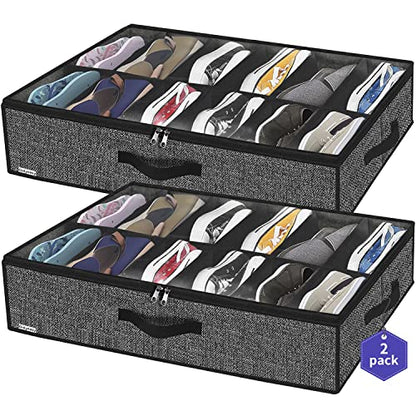 Onlyeasy Sturdy Under Bed Shoe Storage Organizer, Set of 2, Fit 12 to 24 Pairs, Underbed Shoes Closet Storage Solution with Clear Window, Breathable, L29.3 x W23.6 x H5.9, Linen-like Black, MXAUBSB2P - color: 2 Shoes (12+12 Cells) Linen-like Black