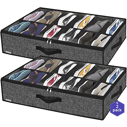 Onlyeasy Sturdy Under Bed Shoe Storage Organizer, Set of 2, Fit 12 to 24 Pairs, Underbed Shoes Closet Storage Solution with Clear Window, Breathable, L29.3 x W23.6 x H5.9, Linen-like Black, MXAUBSB2P - color: 2 Shoes (12+12 Cells) Linen-like Black