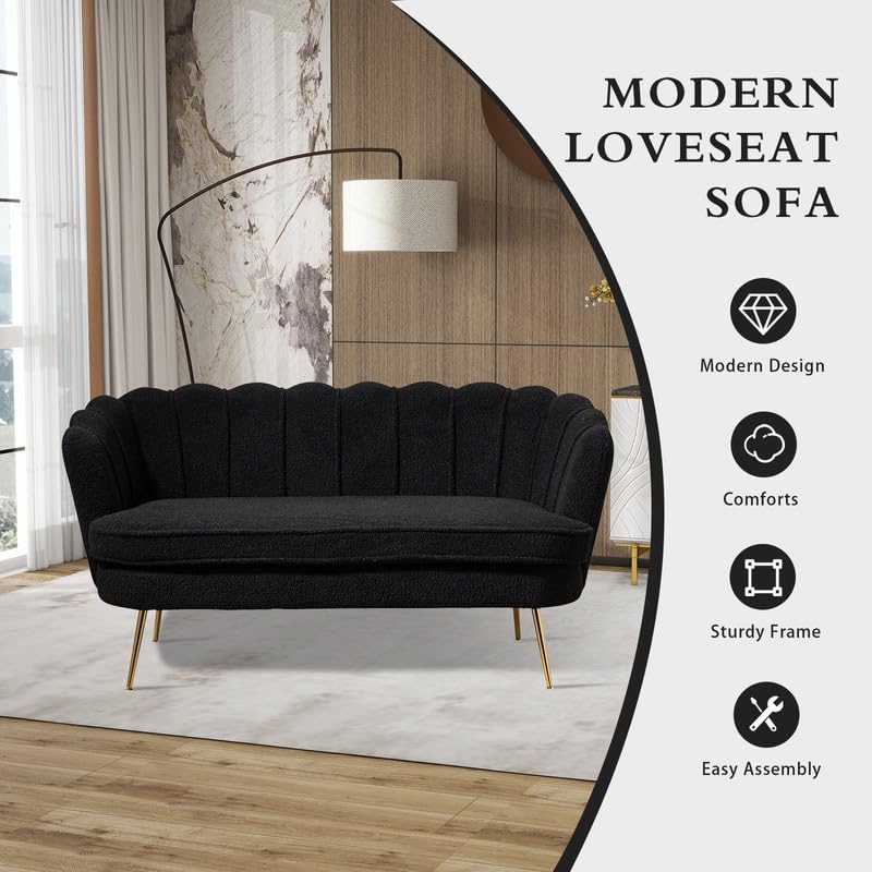 Chifee & Vingol Upholstered Small Loveseat for Small Space with Golden Legs,Black - color: Boucle-black
