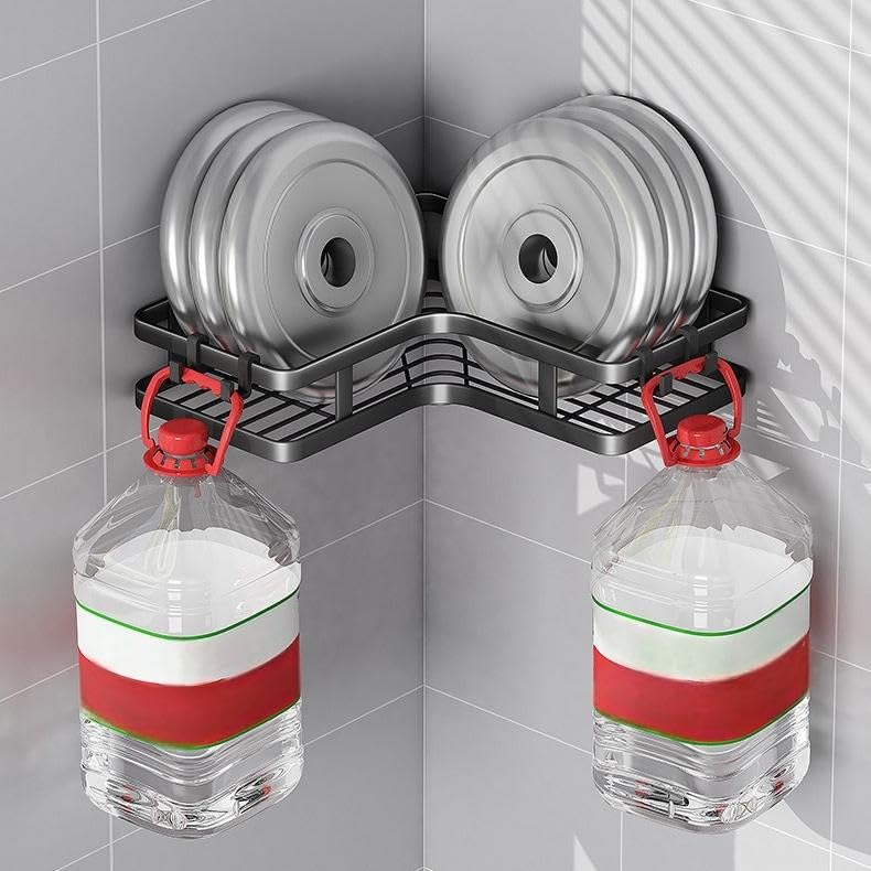Corner Shower Caddy, Black Stainless Steel, No-Drill Wall Mount Storage Rack, 2 Pack, Wave Design, 9.8 Inch, Rust Resistant, Bathroom Organizer with Hooks