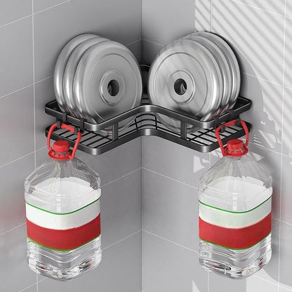 Corner Shower Caddy, Black Stainless Steel, No-Drill Wall Mount Storage Rack, 2 Pack, Wave Design, 9.8 Inch, Rust Resistant, Bathroom Organizer with Hooks