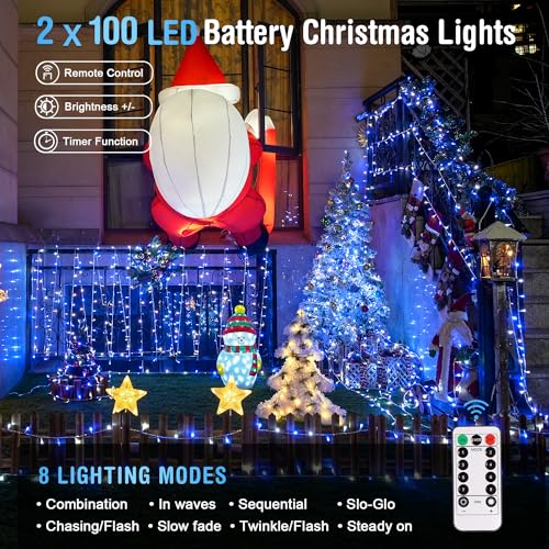 JMEXSUSS 2 Pack Blue and White Battery String Lights, Each 33ft 100 LED | Battery Powered Christmas Lights with Remote for Outside Party Birthday - color: Blue&White, size: 2*100LED