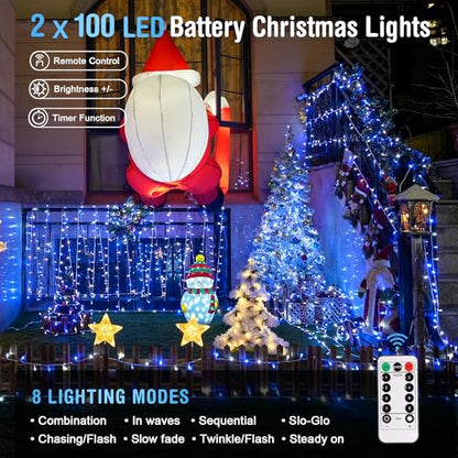 JMEXSUSS 2 Pack Blue and White Battery String Lights, Each 33ft 100 LED | Battery Powered Christmas Lights with Remote for Outside Party Birthday - color: Blue&White, size: 2*100LED