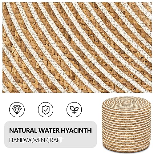 Wimarsbon 18'' Ottoman Pouf, Natural Braided Poof, Rustic Handweave Lounge Pouffe, Boho Footrest Stool for Bedroom, Accent Table or Seat for Living Room (Natural Water Hyacinth + White Cotton Rope) - color: 18inch Natural Water Hyacinth + White Cotton Rop