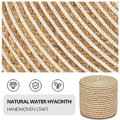 Wimarsbon 18'' Ottoman Pouf, Natural Braided Poof, Rustic Handweave Lounge Pouffe, Boho Footrest Stool for Bedroom, Accent Table or Seat for Living Room (Natural Water Hyacinth + White Cotton Rope) - color: 18inch Natural Water Hyacinth + White Cotton Rop