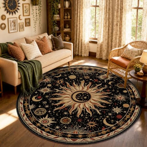 Vacuum-Friendly, Round 6ft Washable Area Rug, Black Gold Beige Red | Sun and Moon Boho Gothic Non-Slip Low Pile Living Roon Bedroom Dining Room Kitchen Entry Entryway Entrance Hallway Doormat - color: Black/Gold/Beige/Red, size: 6' (Round)