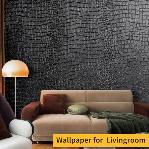 Black Peel and Stick Wallpaper Crocodile 15.7'' X 118'' Self Adhesive | PVC Waterproof Removable Contact Paper for Kitchen Cabinets Bathroom Living Room Renter Friendly - color: Black Crocodile, size: 15.7" x 118"