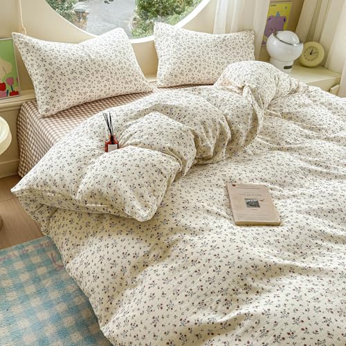 Floral Duvet Cover Full Boho Muslin Cotton Comforter Cover Full Size Double Gauze Lightweight Farmhouse Chic Duvet Cover Set with 2 Pillow Cases Cute Soft Bedding Set for Girls Duvet Protector - color: G Floral08, size: Full(Duvet Cover and 2 Pillows Sham