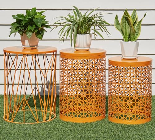 HFHOME Set of 3 Heavy-Duty Round End Side Table, Coffee Table for Indoor Multifunctional Use, Outdoor Decorative Garden Stool Plant Stand, Orange - color: Flower Orange