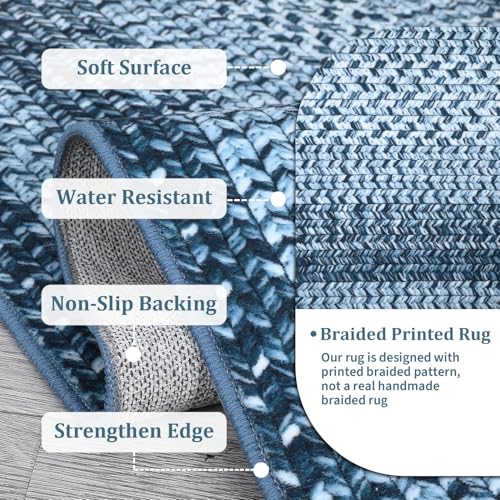 Braided Print Runner Rug 2x8 Machine Washable Hallway Runner Rugs | Entryway Long Throw Carpet Non Slip Kitchen Mat Living Room Rustic Carpet for Bedroom Dining Room, Blue - color: Blue, size: 2' x 8' (Runner)