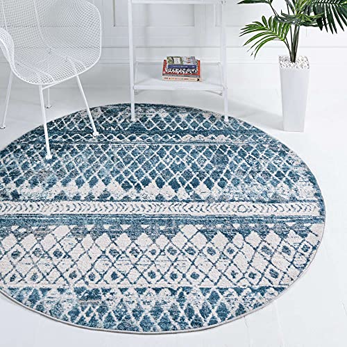 Rugs.com Leipzig Collection Round Rug – 3 Ft Round Blue Low-Pile Rug Perfect for Kitchens, Dining Rooms - color: Blue, size: 3 feet 3 inches Round