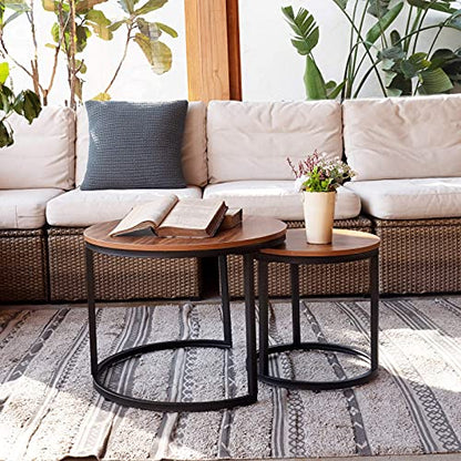 aboxoo Coffee Table Nesting Side Round Set of 2 End Table Top Sturdy Metal Frame Desk Centerpiece Living Room Bedroom Apartment Modern Industrial Simple Nightstand - color: Black Brown