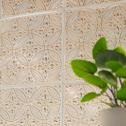 Peel and Stick Metal Tiles, Pastel Painted Gold, 10-Pack | 8 x 8 in tile size; Covers up to 4.44 sq ft; Aluminum; Water-resistant surface; For kitchens, ceilings, DIY projects - style: Pastel Painted Gold