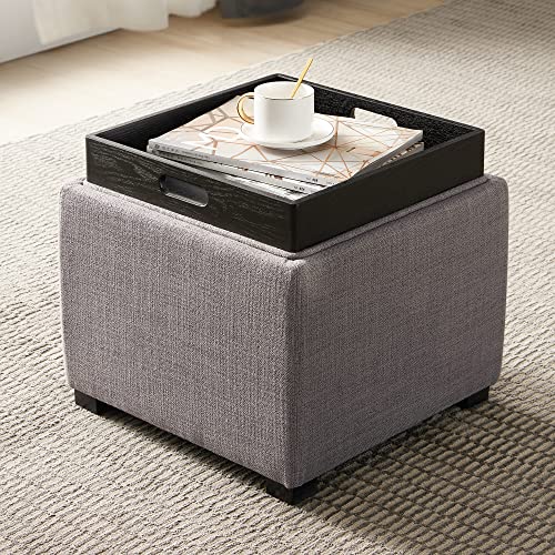 CHITA Storage Ottoman Cube with Tray Lid, Small Footstool with Storage, Square End Table for Living Room and Bedroom, Performance Fabric in Flint Grey - color: Flint Grey