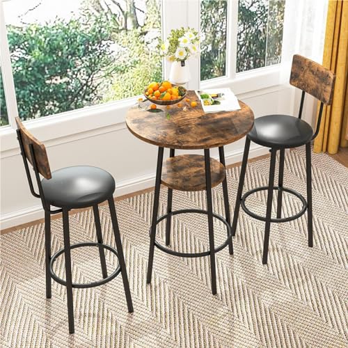 Spaco Bar Table Set for 2, Small Kitchen Dining Table Set with 2 PU Upholstered Stools, Counter Height Dining Table Set with Iron Frame for Kitchen,Small Space - color: Brown, size: 3 Piece-1 Round Table and 2 Round Stools