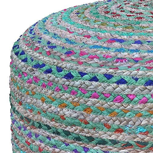 SIMPLIHOME Morden 18" Wide Square Pouf in Camel Brown Genuine Leather | Boho footstool, braided pouf, extra seating for living room or bedroom with polystyrene bead filling, assembled; accent seat. - color: Multi-green, style: Pouf