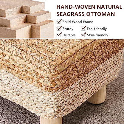 Wimarsbon Natural Seagrass Footstool Ottoman Rectangular Footrest Pouf Ottomans with Wooden Legs Hand Weave Step Stool for Living Room Bedroom Entryway White - color: White, size: 12"D x 16.5"W x 9.5"H