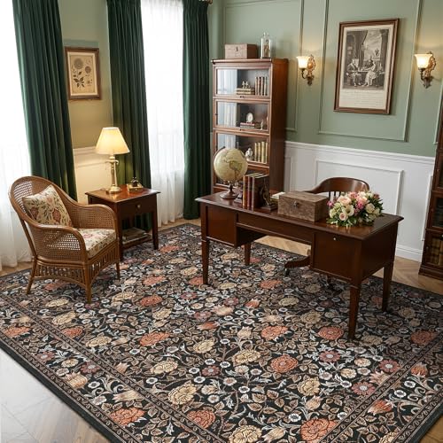 GarveeHome Dark Brown Floral Washable Rug 5x7 for Bedroom Living Room | Nursery Dorm Office Rug Vintage Boho Rugs Low-Pile Non-Slip Stain Resistant TPE Backing - color: A Brown / Black, size: 5' x 7' (Rectangular)