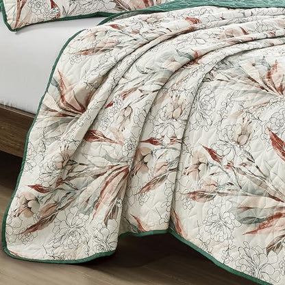 ESCA 3-Piece SARA Floral Green Bedspread Set Queen Size Reversible White Quilt - color: 09 Sara, size: Queen