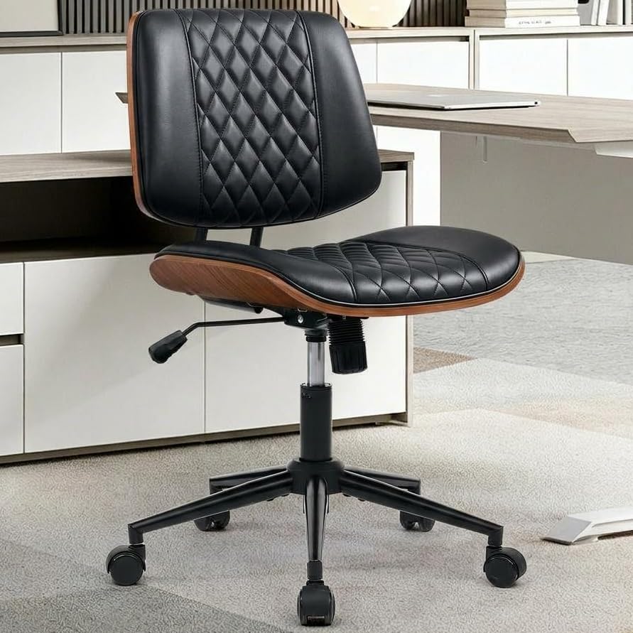 Home Office Desk Chair with Swivel Wheels, Ergonomic Adjustable Height Small Office Chair, Premium PU Leather Armless Computer Chair for Home Office, Reading Meeting Room, Modern Walnut Style (Black) - color: Mcm Style-black