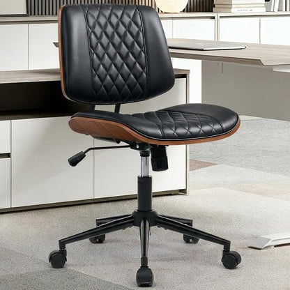 Home Office Desk Chair with Swivel Wheels, Ergonomic Adjustable Height Small Office Chair, Premium PU Leather Armless Computer Chair for Home Office, Reading Meeting Room, Modern Walnut Style (Black) - color: Mcm Style-black