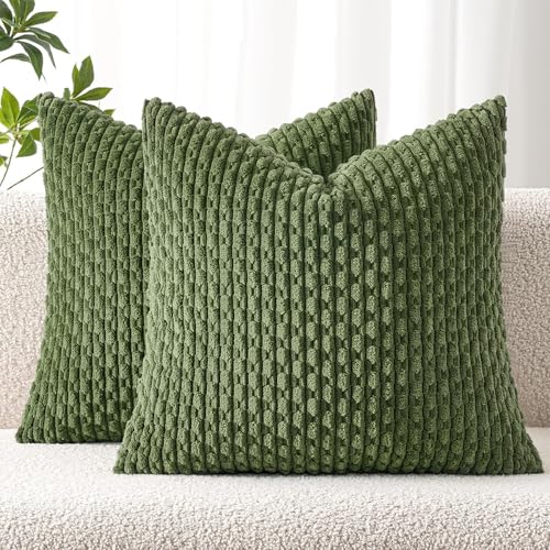 MIULEE Decorative Throw Pillow Covers 16x16 Moss Green Textured Corduroy | Pack of 2 Striped Pillow Covers Modern Farmhouse Home Decor for Couch Bed Sofa Living Room - color: Moss Green, size: 16" x 16" (Pack of 2)