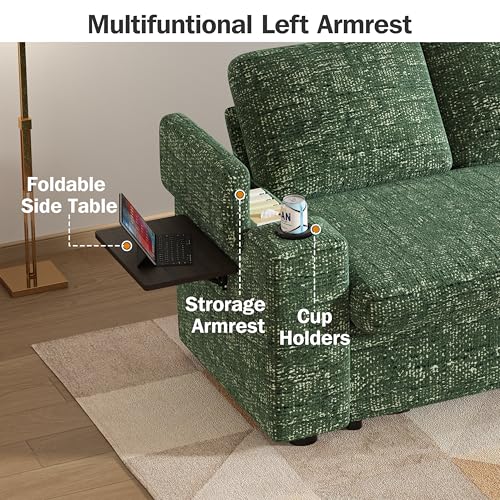 Vipbear 65" Loveseat Sleeper Sofa with Pull Out Bed, Chenille 3-in-1 Convertible Sofa Bed with Reclining Backrest|USB Ports|Cup Holders|Side Table|Storage Armrests, Tool Free Assembly, Green - color: Green