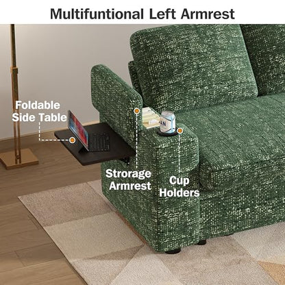 Vipbear 65" Loveseat Sleeper Sofa with Pull Out Bed, Chenille 3-in-1 Convertible Sofa Bed with Reclining Backrest|USB Ports|Cup Holders|Side Table|Storage Armrests, Tool Free Assembly, Green - color: Green