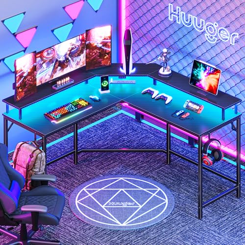 Huuger L Shaped Gaming Desk with Power Outlets & LED Lights, Computer Desk with Monitor Shelves, Carbon Fiber Surface, Home Office Desk, Corner Gaming Desk with Hooks, Carbon Fiber Black - color: Carbon Fiber Black