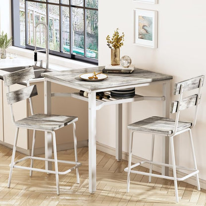 Hooseng 3 Piece Bar Table and Chairs Set, Counter Height Small Dining Table with 2 Bar Stools, Farmhouse Square Kitchen Table with Storage for Bistro, Pub, Small Space - color: Grey