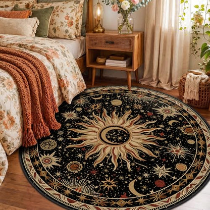 Vacuum-Friendly, Round 4ft Washable Area Rug, Black Gold Beige Red | Sun and Moon Boho Gothic Non-Slip Low Pile Living Roon Bedroom Dining Room Kitchen Entry Entryway Entrance Hallway Doormat - color: Black/Gold/Beige/Red, size: 4' (Round)