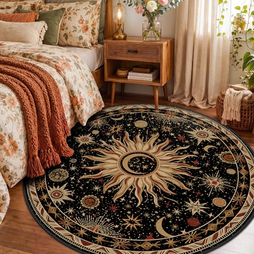Vacuum-Friendly, Round 4ft Washable Area Rug, Black Gold Beige Red | Sun and Moon Boho Gothic Non-Slip Low Pile Living Roon Bedroom Dining Room Kitchen Entry Entryway Entrance Hallway Doormat - color: Black/Gold/Beige/Red, size: 4' (Round)