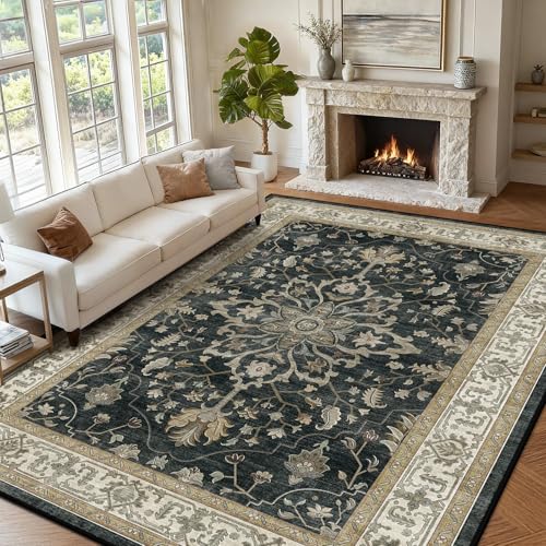 RELEANY Washable Vacuum-Friendly Area Rugs 9'x12' Black/Vintage | Low Pile Stain-Resistant, Soft Non-Slip, Floral Vintage Distress Print Pattern Medallion, for Living Room Bedroom Hallway - color: Black/Vintage, size: 9' x 12' (Rectangular)