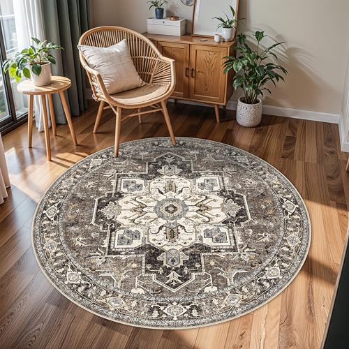 RUUGME Ultra-Thin Washable Round Rug: 4ft Vintage Circle Area Rugs for Living Room Bedroom Stain Resistant Carpet Non-Slip Backing Soft Low Pile Floor Mat for Dinning Room Entryway(Beige,4'Round) - color: Beige, size: 4' Round