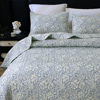 DURLENGEN Quilt Set Queen Size 3Pcs, Bluish Grey Printed with Beige Leaves Pattern,Soft Microfiber Lightweight Bedspread for All Season Layering(Queen 90x96,Beige Botanical) - color: Beige Botanical, size: Queen(90" x 96")