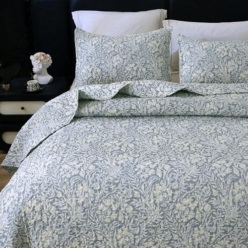 DURLENGEN Botanical Quilt Set King Size 3Pcs, Bluish Grey Printed with Beige Leaves Pattern,Soft Polyester Lightweight Bedspread for All Season Layering(King 106x96,Beige Botanical) - color: Beige Botanical, size: King(106" x 96")