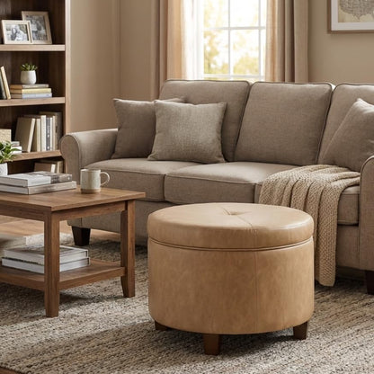 HomePop 24" Large Leatherette Storage Ottoman - Sand Faux Leather - color: Sand Faux Leather