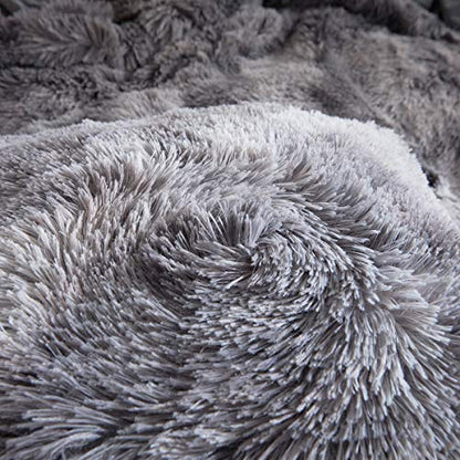 Tie Dye Printed Faux Fur Bedding Set Modern Abstract Shaggy Plush Duvet Cover with Pillow Sham, Ultra Soft Warm (Twin, Tie Dye Gray) - color: Tie Dye Gray, size: Twin