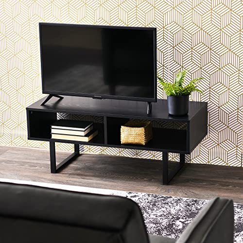 Household Essentials TV Stand Coffee Table with Rectangular Storage Compartments in Oak Wood Grain and Black Metal Frame, Black - color: Black