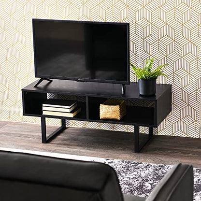 Household Essentials TV Stand Coffee Table with Rectangular Storage Compartments in Oak Wood Grain and Black Metal Frame, Black - color: Black