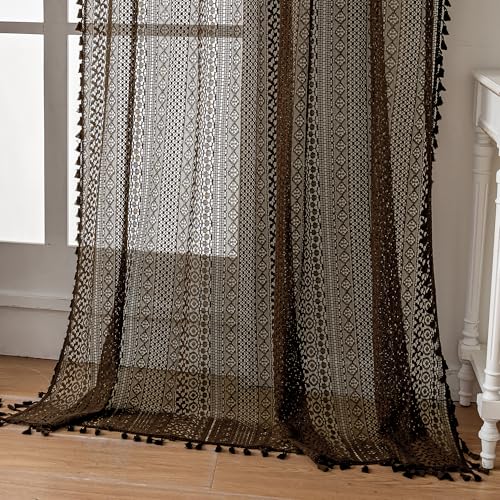 WAZZIO Boho Lace Curtains 63 Inches 2 Panel,Light Filtering Privacy Tassel & Geometry Crochet Semi Sheer Curtain Drapes for Bedroom Living Dining Room,Rod Pocket & Tassel,Chocolate Brown - color: Brown, size: 59"W x 63"L (Pack of 2)