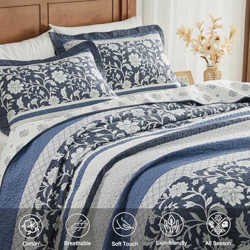 Quilta Oversized King Bedspreads 120x120 - Farmhouse Floral Striped Design California King Quilt Set, Elegant and Textured Coverlet, 3-Piece Lightweight Comforter Bedding Set, Cal King, Navy/White - color: Navy/Steel Blue/White, size: King(120"x120")