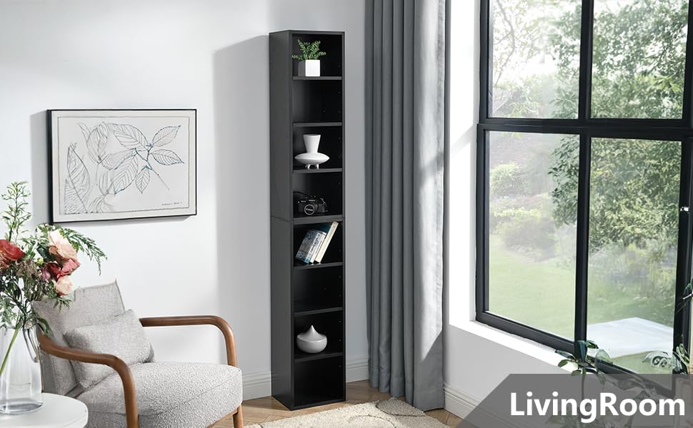 Tall Narrow Bookshelf,8-Tiers Bookcase with Adjustable Shelves,Double-Decker Combination Thin Media Tower Rack,CD DVD Slim Storage Cabinet for Living Room,Bedroom,Studio and Office (Black, 71"H) - color: Black