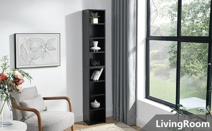 Tall Narrow Bookshelf,8-Tiers Bookcase with Adjustable Shelves,Double-Decker Combination Thin Media Tower Rack,CD DVD Slim Storage Cabinet for Living Room,Bedroom,Studio and Office (Black, 71"H) - color: Black