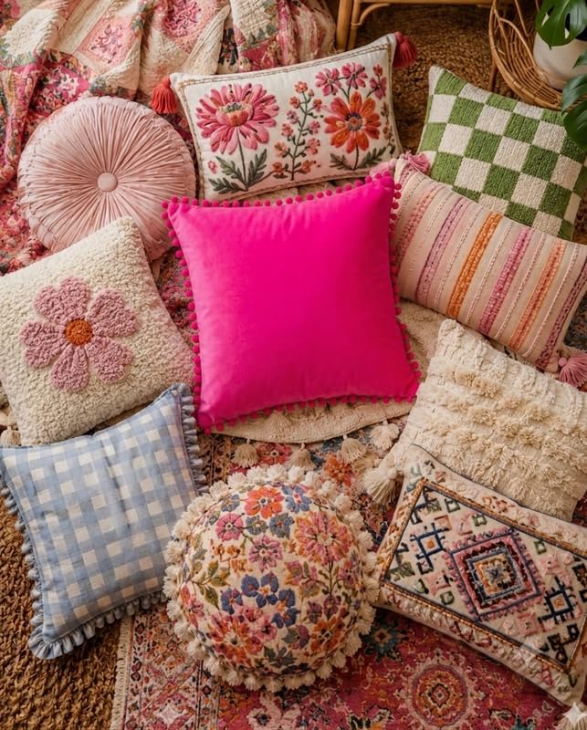 WWW.THROWPILLOW.IN Hot Pink Solid Cotton Cushion Cover with Pom Pom Preppy Decorative Throw Pillow Cover for Dorm Room,Feminine Chic Home Decor Accent Large Square Cushion 20x20 Inches