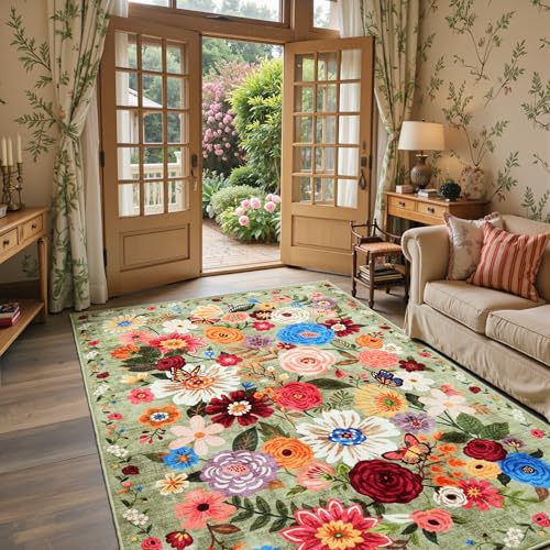 Green Floral Area Rug 3x5 for Bedroom Entryway | Ultra-Thin Non Slip Machine Washable Soft Ideal for Dorm,bathroom ,bedroom,Stain Resistan - color: Green, size: 3' x 5' (Rectangular)