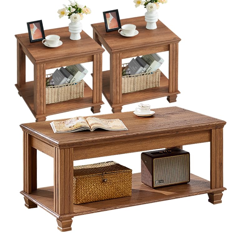 Farmhouse Coffee Table Set of 3, Brown | Rustic Wood 3 Piece Coffee and End Table Sets with Open Shelf for Living Room - color: Brown