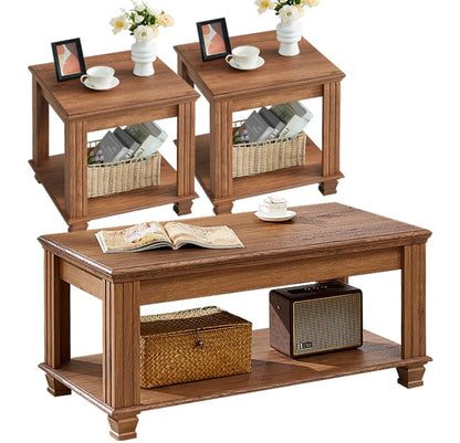 Farmhouse Coffee Table Set of 3, Brown | Rustic Wood 3 Piece Coffee and End Table Sets with Open Shelf for Living Room - color: Brown