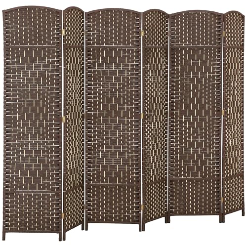 HOMCOM 6 Panel Room Divider 6 Ft Privacy Screen Hand-Woven Brown | Folding PP Wall Partition, Pine Wood Frame, Freestanding Room Separator, Bedroom Home Office, No Assembly - color: Brown, size: 6 Panel