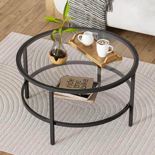 DIYART 29.5" Round Glass Coffee Table, 2-Tier Modern Black Glass & Metal End Table for Living Room, Mid Century Accent Table with Lower Shelf, 29.5" D x 16.5" H